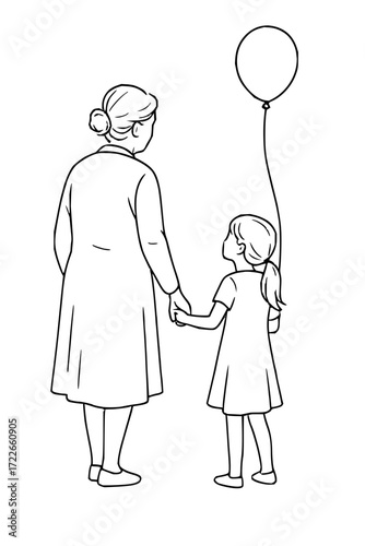 Grandmother and child holding hands, sharing a moment of wonder with a floating balloon, evoking warmth and cherished memories.