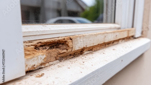Detailed View of Wood Rot and Damage on Window Frame Highlighting Maintenance Issues and Home Repair Needs