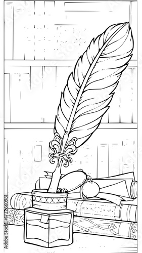 Elegant quill pen and inkwell set atop stacked vintage books, evoking timeless writing and scholarly pursuits, perfect for literary themes.