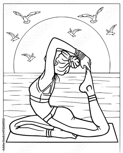 Serene woman practicing advanced yoga pose by tranquil ocean at sunrise with birds soaring gracefully overhead