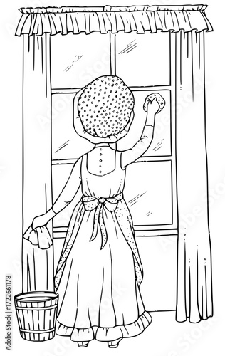 Charming woman in bonnet and apron diligently cleaning windows with sponge and cloth, evoking vintage domesticity and household chores with a timeless appeal.