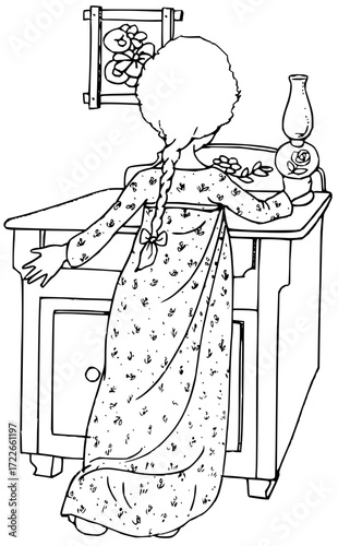 Young girl in vintage nightgown dreaming by antique dresser with oil lamp and framed art