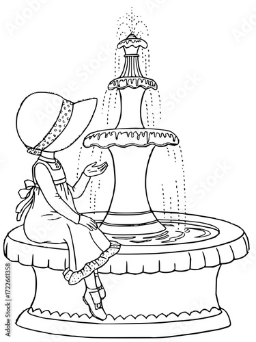 Charming young girl in bonnet enjoys a sunny day by a beautiful tiered fountain with cascading water
