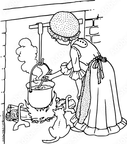 Charming historical scene of a woman in period attire cooking over an open fire with a curious cat nearby, perfect for storytelling and heritage projects.