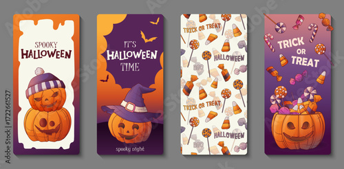 Vector set of vertical Halloween banners. Illustration of pumpkin, witch hat, candy, sweets, pattern. For seasonal advertising, social media, and party decoration. Halloween and trick or treat concept