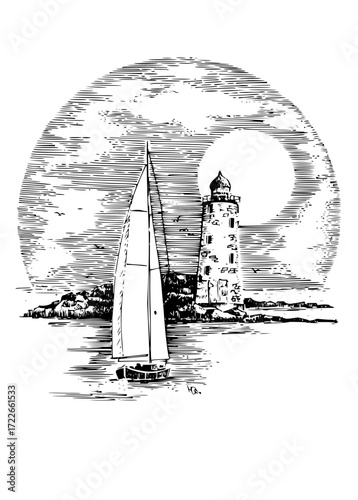 Serene sailboat glides towards a majestic lighthouse on a tranquil sea under a dramatic, textured sky evoking adventure and safe harbor.