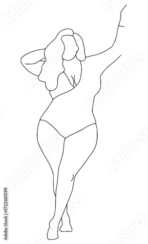 Elegant line art of a confident woman embracing her curves with a graceful pose, perfect for fashion and body positivity campaigns.