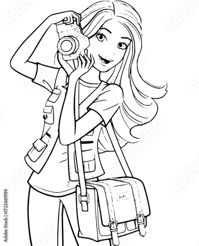 Joyful young girl photographer capturing moments with her vintage camera and stylish satchel, perfect for creative projects
