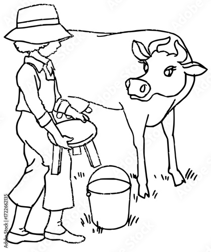 Farmer skillfully milks contented cow in sunny field, traditional rural life captured