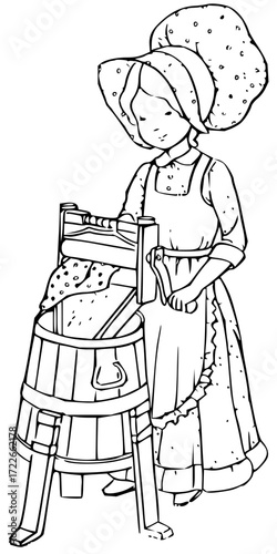Charming vintage illustration of a young girl in bonnet and apron using a washboard and tub for laundry chores
