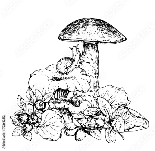 Charming woodland scene featuring a delicate snail exploring a cluster of forest mushrooms and ripe blueberries, perfect for nature and harvest themes.