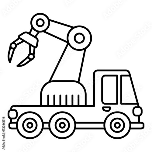 Specialized Industrial Truck with Robotic Arm for Heavy-Duty Lifting and Logistics Line Vector. An illustration of a truck with a robotic arm, designed for lifting and transporting heavy materials.