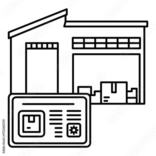 Smart Warehouse Management Application for Inventory and Logistics Vector. Digital tablet displaying a shipment box and settings icon, with a warehouse building and cardboard boxes in the background.