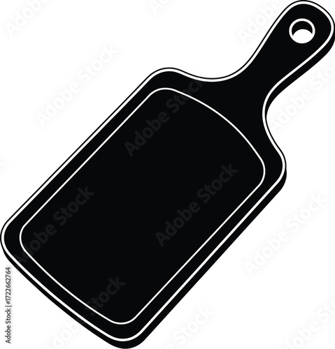 Black cutting board with handle, kitchen utensil for food preparation