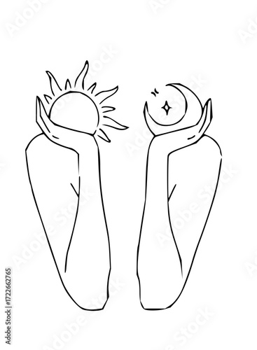 Embrace duality with this modern line art of the sun and moon embracing celestial harmony and cosmic balance for your next creative project