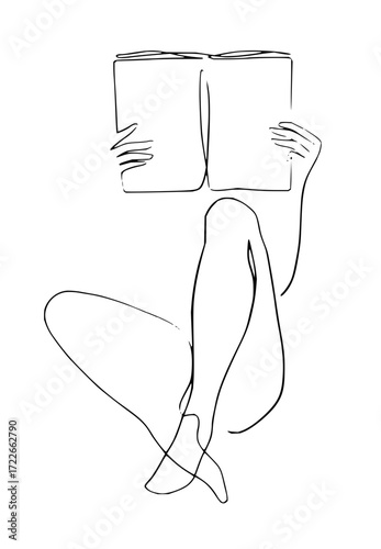 Elegant single line art captures a person absorbed in reading a book, conveying tranquility and intellectual pursuit with minimalist style