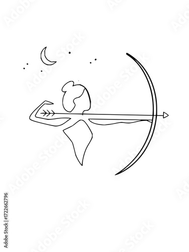 Mystical archer aims arrow at crescent moon and stars, symbolizing destiny, focus, and celestial guidance in a minimalist design.