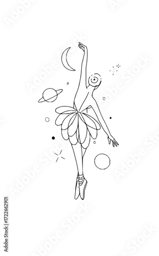 Graceful ballerina dances among celestial bodies, a cosmic ballet of art and imagination capturing dreams.