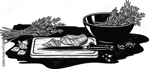 Black and white culinary still life with meat, herbs, and spices