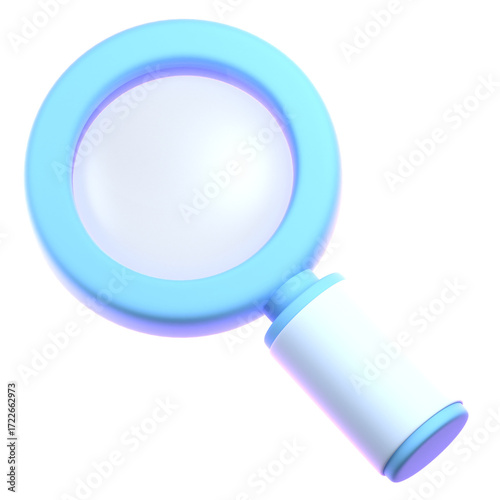 A light-blue magnifying glass icon, with a smooth, glossy surface, displays a modern, digital design.