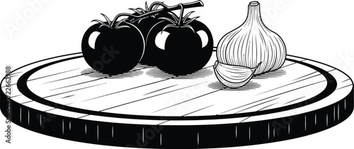 Monochrome tomatoes and garlic on a wooden board, culinary illustration