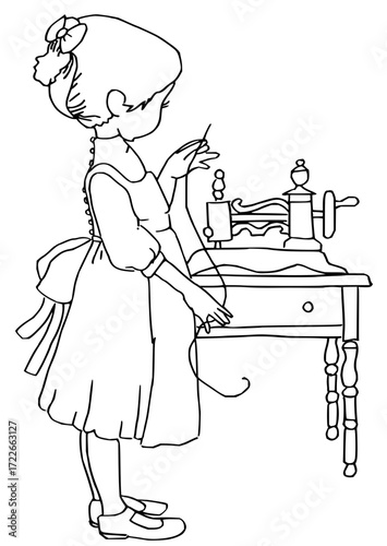 Charming young girl diligently sewing with an antique machine, capturing vintage craft and childhood innocence