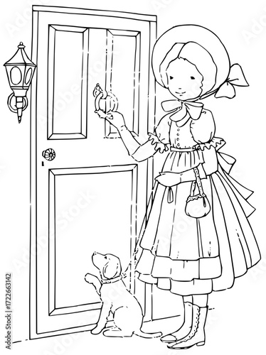 Charming vintage girl with her loyal dog awaits a visitor at a quaint doorway, evoking nostalgia and heartwarming moments.
