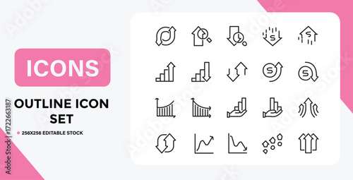 Editable Stroke Line Icons Featuring Finance Investment and Economic Growth Concepts