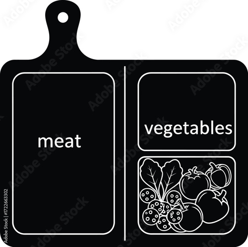 Black cutting board with meat and vegetables, food preparation concept