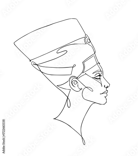 Elegant single line portrait of Nefertiti's iconic profile, embodying ancient Egyptian royalty and timeless beauty for sophisticated designs.