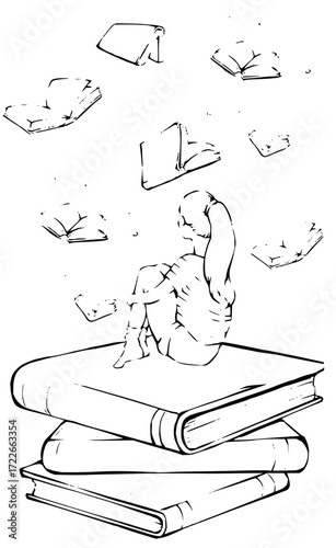 Young woman dreaming amongst floating books, symbolizing imagination, learning, and escape into stories.