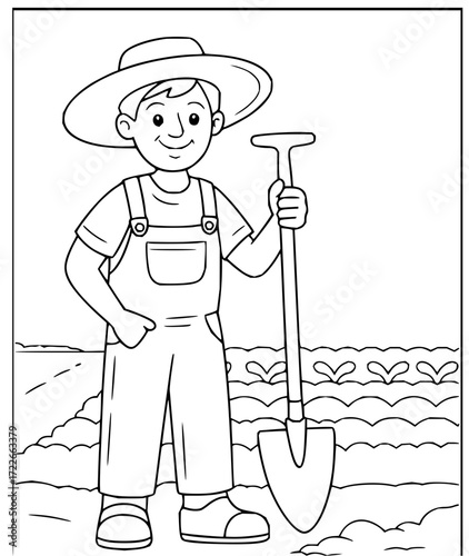 Joyful farmer with shovel stands proudly in sunlit field ready for planting season, embodying agricultural dedication.