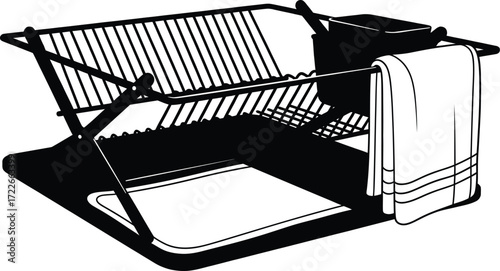 Black dish rack with towel, kitchen utensil, and drying rack concept