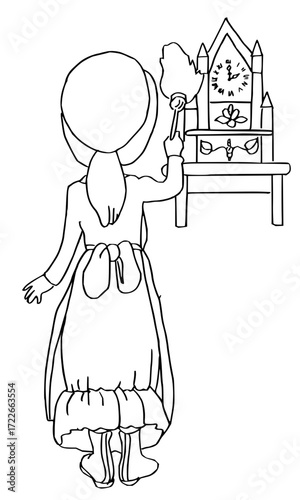 Young person meticulously dusting antique grandfather clock with feathered duster, embodying diligent household chores and historical charm