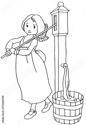 Charming young girl happily drawing water from an old-fashioned well into a wooden bucket, capturing a moment of simple rural life and childhood innocence.