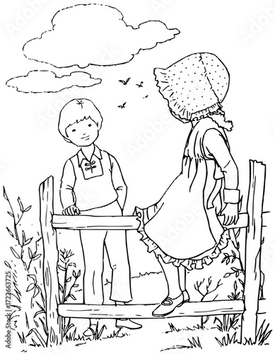 Charming children in vintage attire share a moment by a rustic fence, imagining adventures under a sky with birds and clouds.