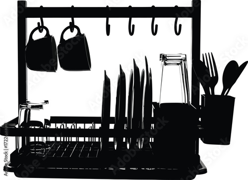 Kitchen dish rack with plates, glasses, mugs