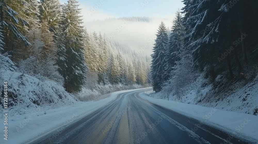 Obraz premium Snowy mountain road winding through frosted pines. Winter travel scenic background