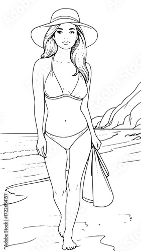 Confident woman in stylish bikini and hat walks on sunny beach carrying tote bag, embodying summer leisure and vacation bliss