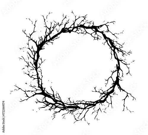 Dramatic black silhouette of bare tree branches forming an organic circular frame, perfect for spooky or autumnal designs