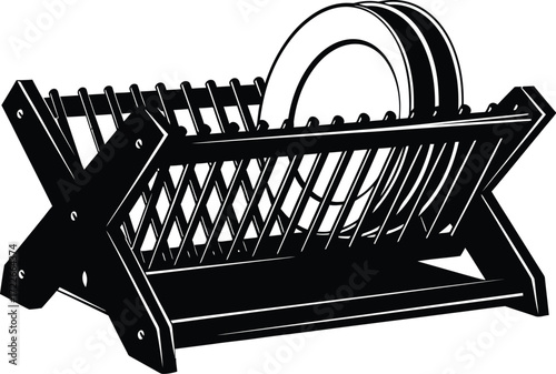 Black dish rack with plates, kitchenware for drying, clean dishes
