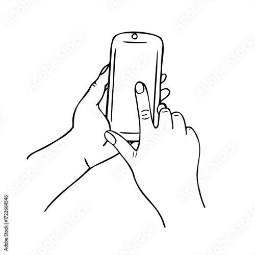 Hand holding smartphone with finger tapping the screen vector sketch illustration. Template with blank mobile phone icon for mobile app presentations, digital interaction concepts