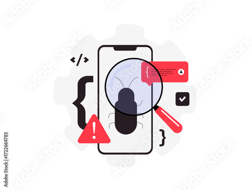 Debugging mobile applications. Analyzing code, reproducing and isolating bugs. Validating fixes and retesting to ensure software app development runs smoothly with reliable results vector illustration
