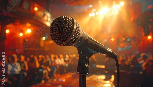 A dimly lit stage features a microphone in focus, with a blurred crowd of people in the background bathed in golden stage lights