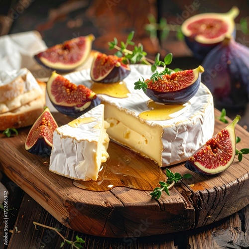 Brie cheese wedges and fig slices sit on a wood cutting board, drizzled with honey and garnished with thyme. Rustic, natural light