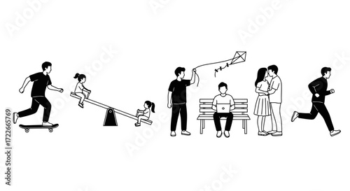 Diverse Outdoor Activities in a Public Park Illustration, showcasing family fun, sports, and leisure, perfect for urban planning, recreation, or community engagement projects
