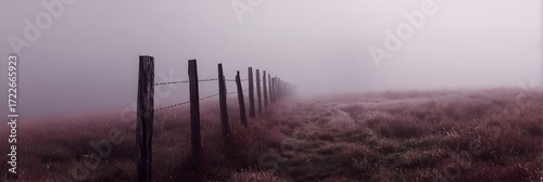 Old fence line stretching through dense burgundy fog across rural farmland