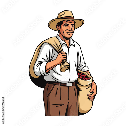 Smiling Coffee Farmer with Harvested Beans.