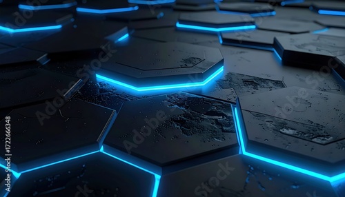 Dark geometric texture interconnected hexagon shapes with raised edges are illuminated with blue neon lights on a textured, uneven surface