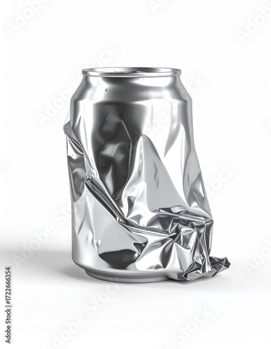 A crumpled, silver-colored aluminum can, standing upright on a white background with a soft shadow, showing signs of damage and deformation